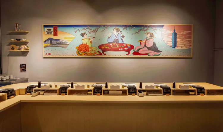 日本傳統畫家特別將台北經典地標「台北101大樓」及「台北大巨蛋」融入浮世繪。業者提供