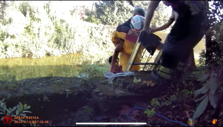 消防人員以揹負方式將阿嬤救上岸。民眾提供