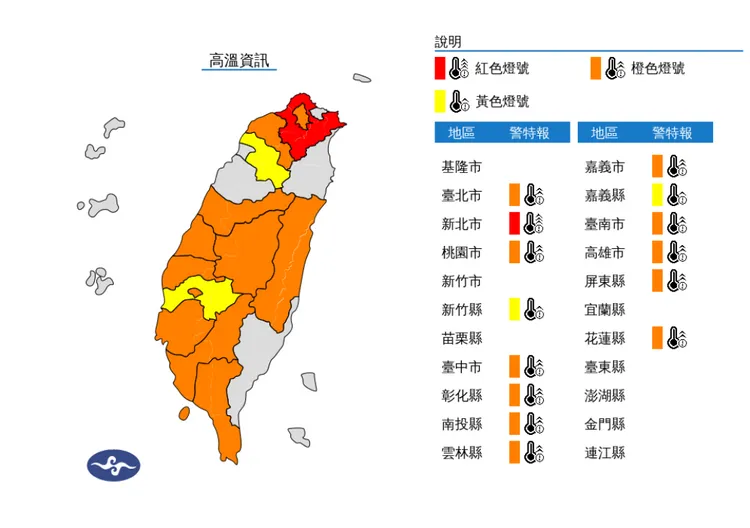 氣象署發布14縣市高溫警戒。氣象署提供