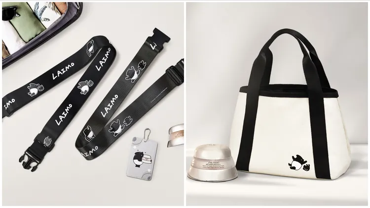 滿額贈來貘快樂旅行組（左圖），含行李束帶2條與行李吊牌1個；時髦鬆弛感來貘帆布包（右圖）。品牌提供