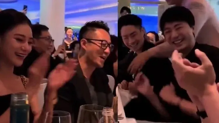 信（右起）和吳建豪唱《流星雨》，汪小菲笑得有些勉強，Mandy則是開心鼓掌。翻攝知名青年娛曉張微博