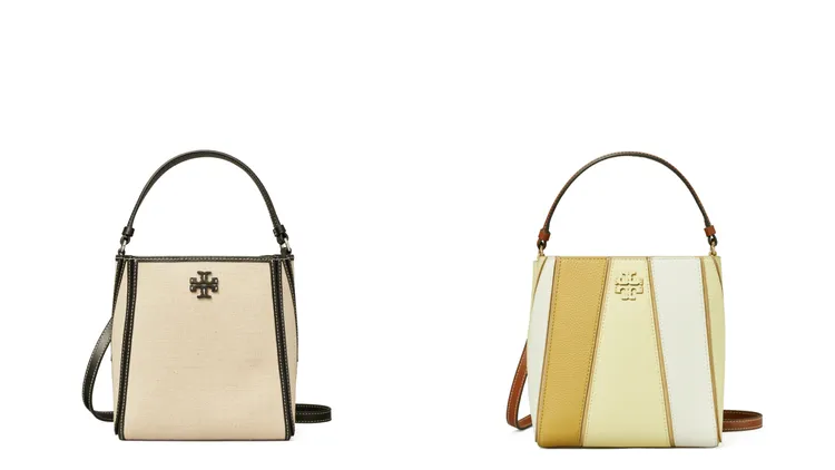 TORY BURCH McGraw小號帆布水桶包（左）1萬5900元、小號拼色水桶包1萬6900元。品牌提供