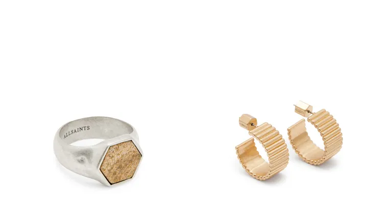 ALLSAINTS HELI 虎眼石戒指（左）6500元、DARCY圓柱耳環（右）2700元。品牌提供