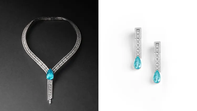 Belle Époque Dolce Vita美好年代18K白金鑽石與帕拉伊巴碧璽項鍊（左圖）1160萬元、18K白金鑽石與帕拉伊巴碧璽耳環（右圖）955萬元。品牌提供