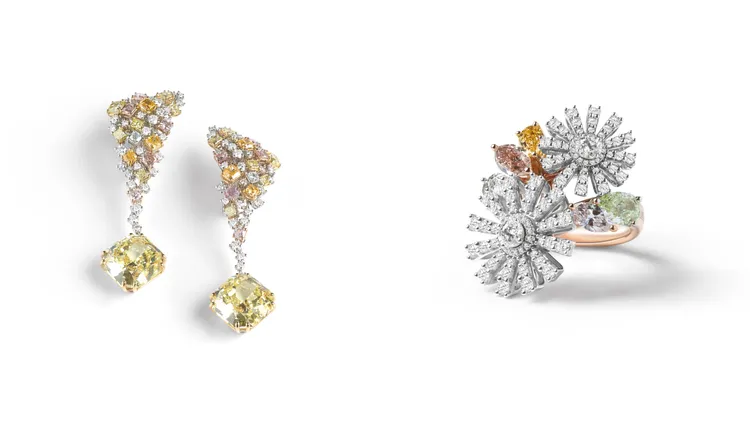 Fantasy Cut Luminosa奇幻切割18K白金鑽石耳環（左圖）5250萬元、Margherita Risveglio瑪格麗特18K白金鑽石戒指（右圖）357萬元。品牌提供
