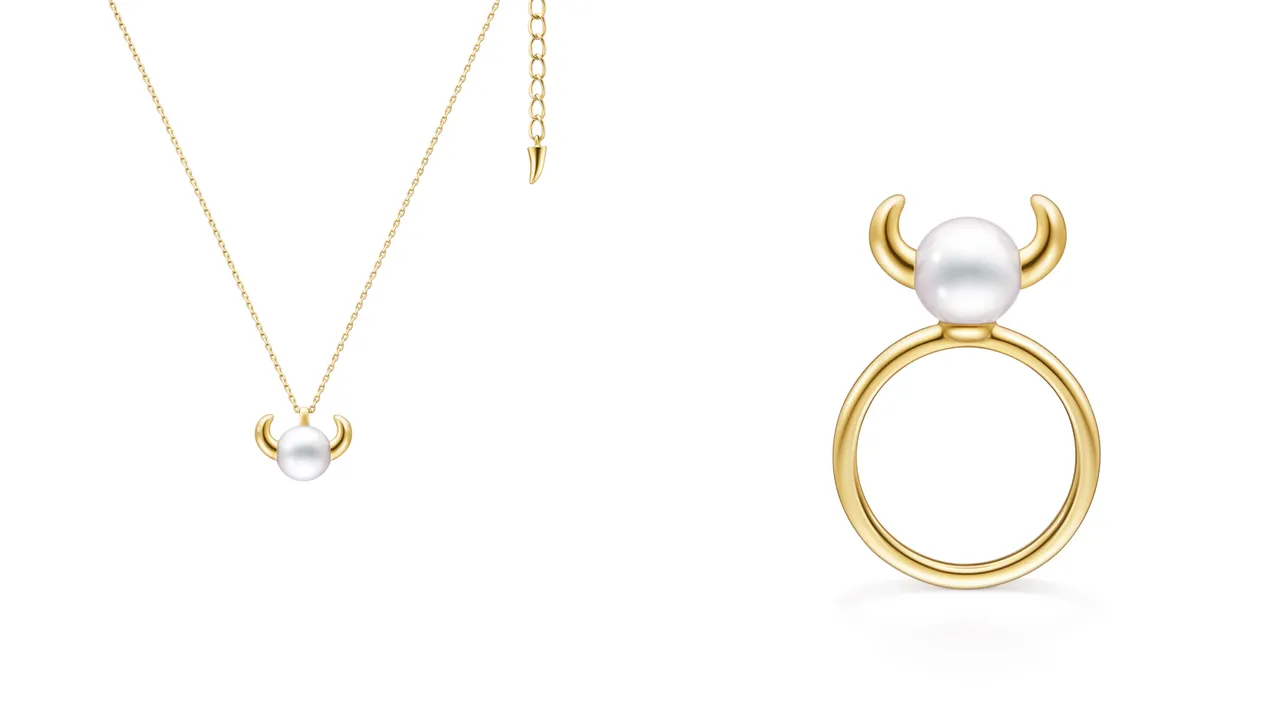 TASAKI x 藤本树《预言的那由多》18K黄金&阿古屋珍珠坠炼(左),7万2500元、18K黄金&阿古屋珍珠戒指(右),9万5000元。品牌提供