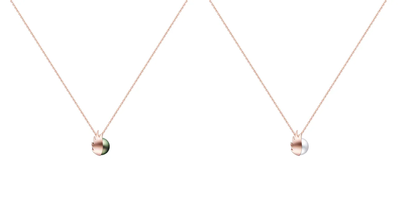 TASAKI x 藤本树《炎拳》18K樱花金&南洋珠坠炼(左),5万元;18K樱花金&阿古屋珍珠坠炼,5万元。品牌提供
