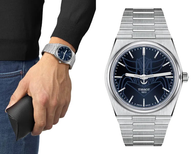 天梭PRX無敵鐵金剛動畫《金剛戰神》特別版自動款腕錶，40mm，316L精鋼錶殼，藍色錶盤，一體式單排精鋼快拆錶帶，Powermatic 80自動機芯，動力儲存80小時，防水深度100米，2萬6900元。品牌提供