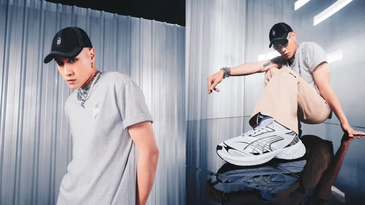 黃宣搭配流行系列Downtown 180短袖T恤1280元、PUMAS工裝長褲2580元、Velophasis Always On跑鞋4280元、流行系列老爹帽680元。品牌提供