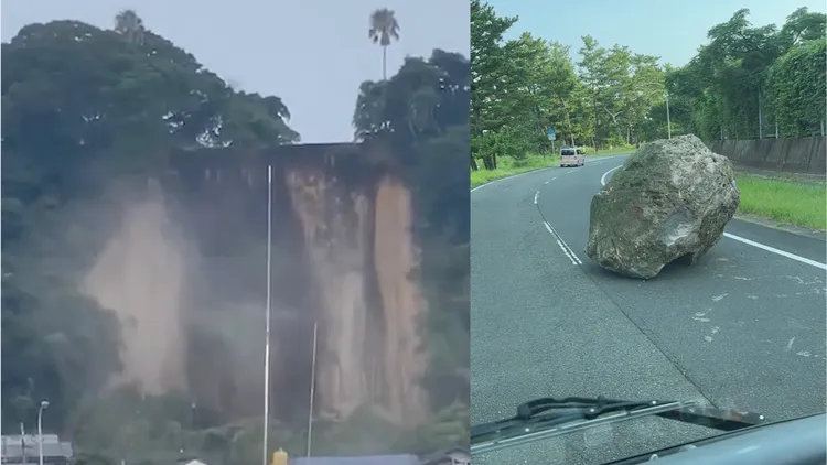 左圖為鹿兒島山崩的恐怖畫面，右圖為地震下，一顆落石滾到馬路上。翻攝自日本新聞網