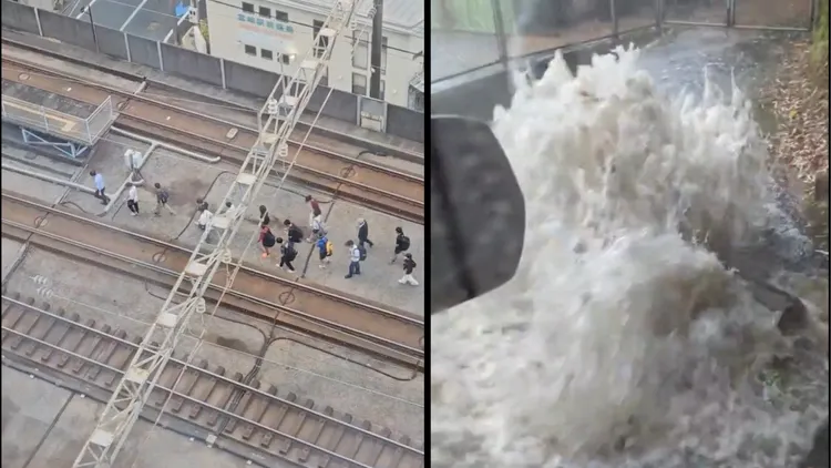 左圖為地震造成JR列車無法運行，旅客必須徒步逃離，右圖為地震與豪雨下，水溝出現爆滿水的情況。翻攝自X@TaSgQYQwb889119、@Ays1214