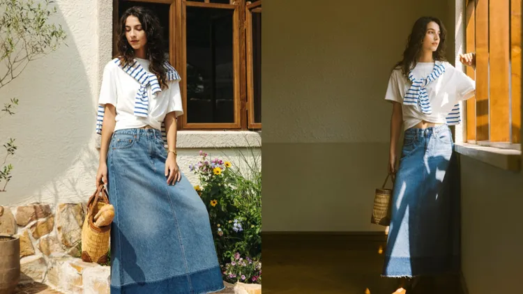 拼色設計的「丹寧長裙」輕鬆穿出慵懶的法式氣息。品牌提供