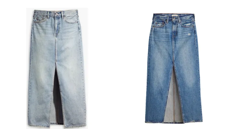 Levi's丹寧中長裙（左）、開岔丹寧中長裙（右），各3990元。品牌提供