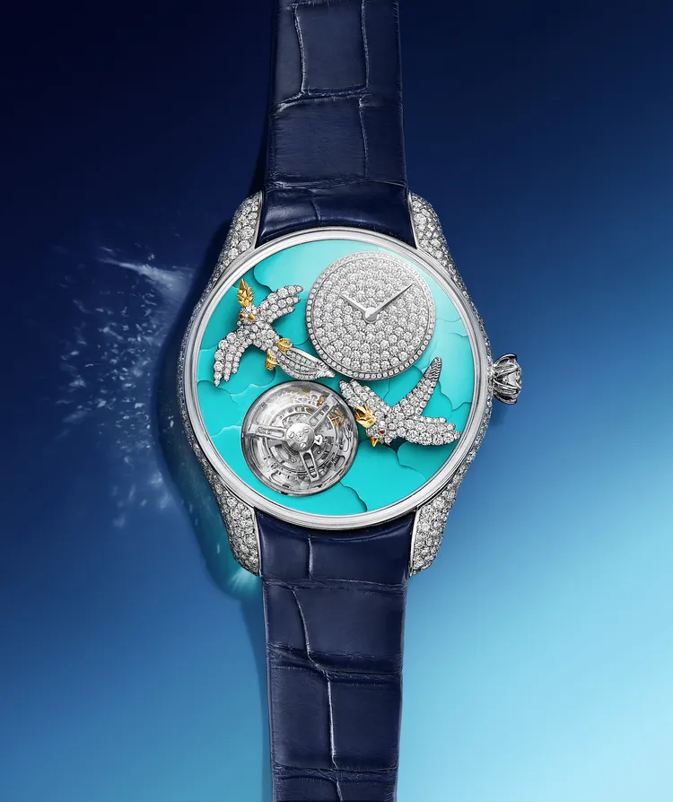 Tiffany Jean Schlumberger by Tiffany石上鳥陀飛輪腕錶，39mm，18K白金錶殼，天然綠松石錶面，深藍色珍稀鱷魚皮錶帶，動力儲存60小時，全球限量25只。品牌提供
