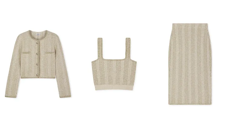 法式亮閃短外套（左起）2萬9980元、法式亮閃吊帶背心1萬2980元、法式亮閃開衩半裙1萬8680元。品牌提供