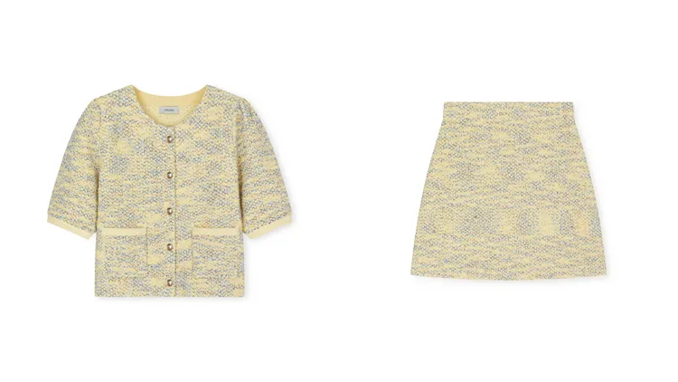 花呢短袖夾克（左）1萬6380元、花呢半裙（右）1萬1880元。品牌提供
