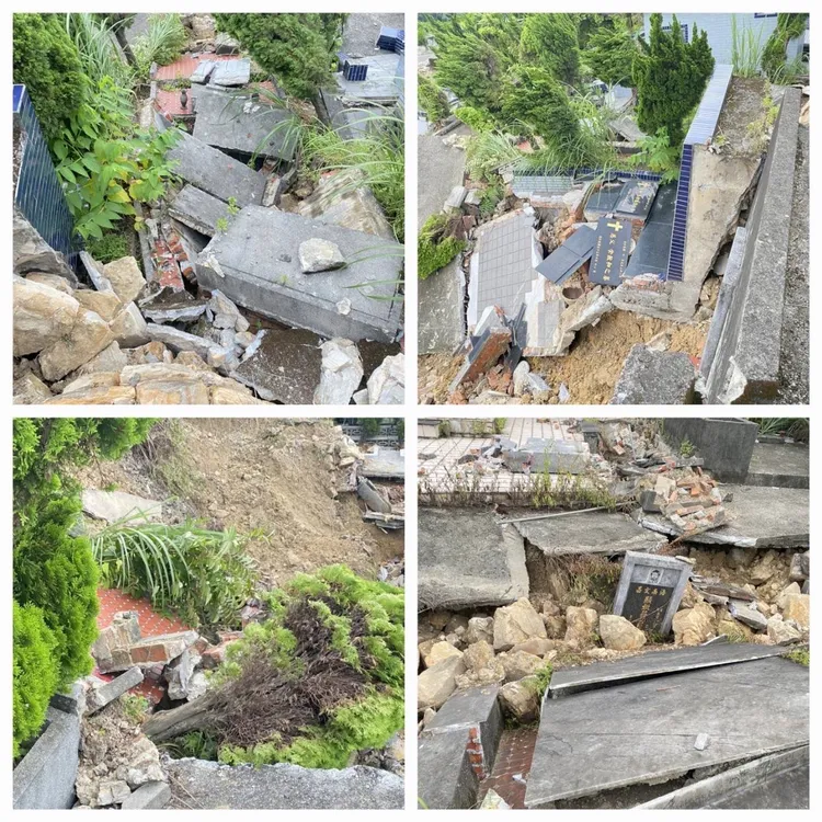中和春秋墓園發生坍方，墓地遭到掩埋，甚至遺骸骨罈翻滾飛出，墓主們祖先不得安眠。翻攝畫面