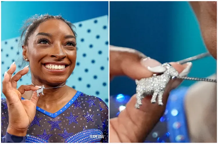 西蒙拜爾絲佩戴鑲有546顆鑽石的山羊吊飾項鍊。左圖美聯社、右圖翻攝X@TeamUSA