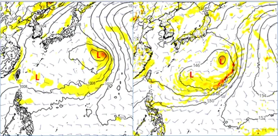 最新(31日20時)歐洲模式(ECMWF)模擬、下週三(7日)20時850百帕渦度場及地面氣壓圖(左圖)，及美國模式(GFS)模擬、850百帕高度場及渦度場(右圖)顯示，台灣東方、日本南方廣大的海面，大低壓環流醞釀中，其中或有多個熱帶擾動發展。氣象應用推廣基金會