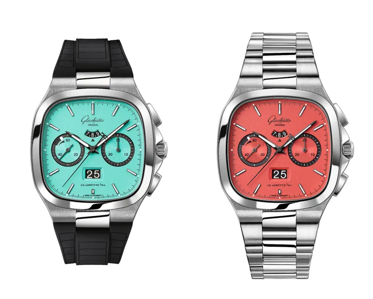 格拉蘇蒂原創七零年代大日曆計時腕錶，40x40mm，精鋼錶殼，西瓜紅/泳池藍消光清漆錶盤，Calibre 37-02 型自動上鍊機芯，動力儲存70小時，防水深度100米，橡膠錶帶47萬5000元、精鋼鍊帶51萬5000元。品牌提供