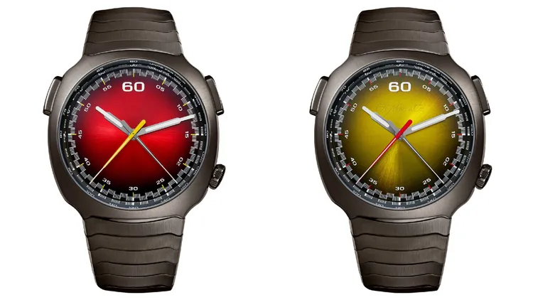 亨利慕時疾速者自動飛返計時碼錶碳灰色DLC Alpine限量版，42.3mm，碳灰色DLC不鏽鋼錶殼，檸檬黃/瑞士紅限量錶盤，一體式碳灰色DLC不鏽鋼鏈帶，HMC 907自動上鏈機芯，動力儲存72小時，防水深度120米，各限量20只，4萬6900瑞法（約175萬元台幣）。品牌提供
