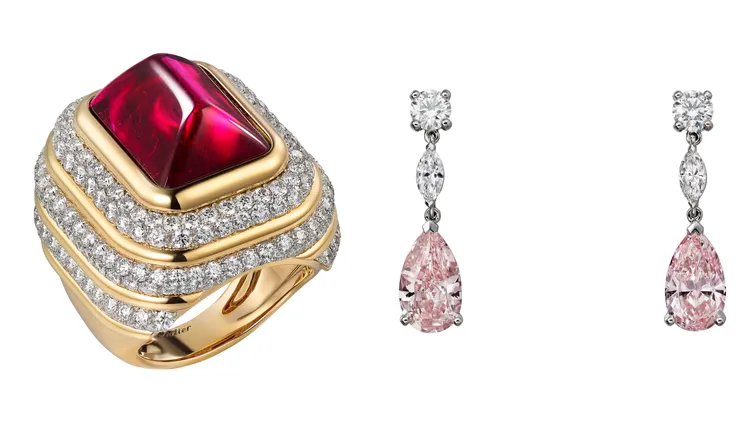 HERAM紅碧璽戒指（左）與LARMES 粉鑽耳環。品牌提供