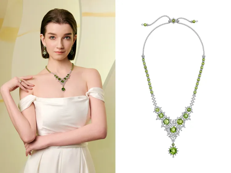 ANANSI橄欖石項鍊，鉑金，白K金，橄欖石，鑽石，擁有一組8顆六角形橄欖石，總重量42.71克拉。品牌提供