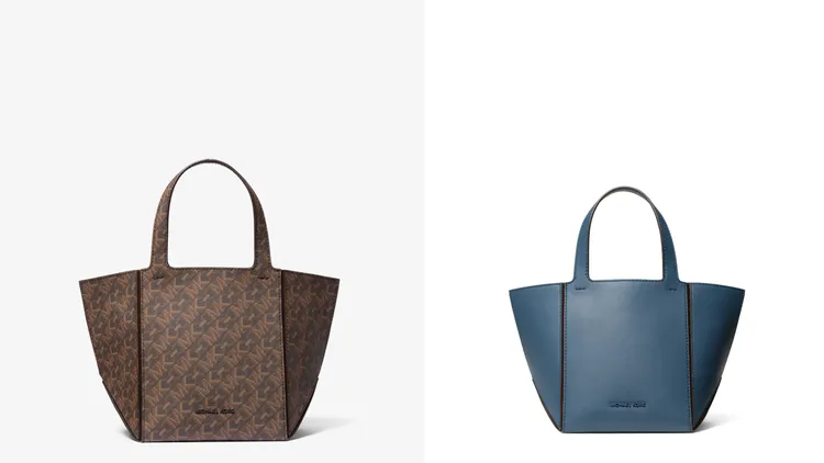 MICHAEL KORS Jordi咖啡色經典印花小提包（左）、JORDI霧藍色小提包（右），各1萬5000元。品牌提供