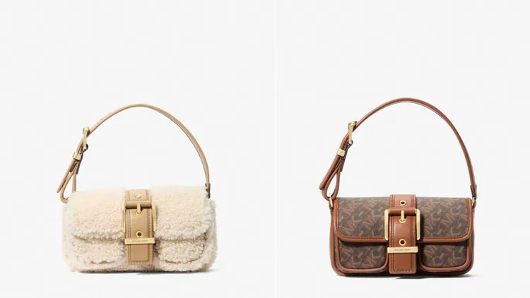 MICHAEL KORS Colby米白色羊毛迷你提包（左）1萬6300元、Colby米咖啡色經典印花迷你提包（右）1萬2800元。品牌提供