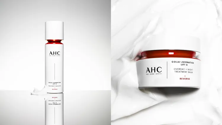 AHC醫美科研雙波抗老多肽膠原精華乳（左）與活膚霜（右）可擇一使用，精華乳100ml／1200元、活膚霜50ml／1700元。張家玲攝