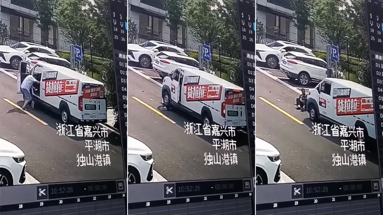 送貨員發生肇事後，又倒車再輾壓一次男子。翻攝自微博