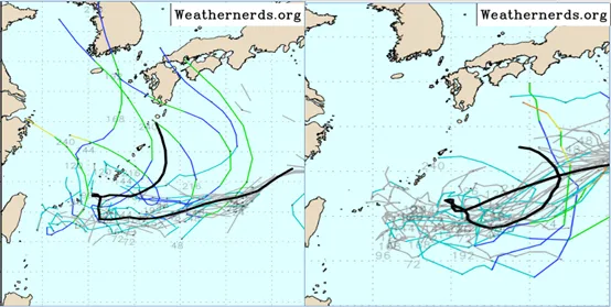 最新(2日20時)歐洲模式(ECMWF)系集模擬顯示，距離較近的擾動以發展成「熱帶低壓」的機率較高，呈現分歧的路徑(左圖)，美國模式(GEFS)系集模擬，路徑亦是分歧的(右圖)。氣象應用推廣基金會