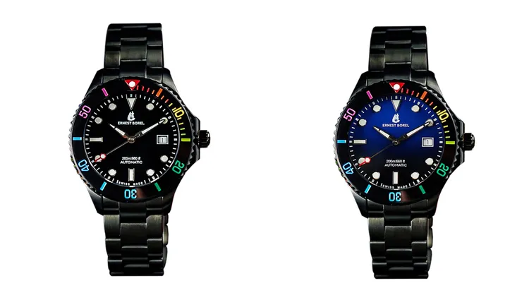 依波路Sage Collection睿智系列櫛水母腕錶，42mm，黑色DLC不鏽鋼錶殼，黑色/藍色漸層搪瓷油錶面，黑色橡膠錶帶，瑞士自動上鍊機芯，動力儲存36小時，防水深度200米，4萬2500元。品牌提供