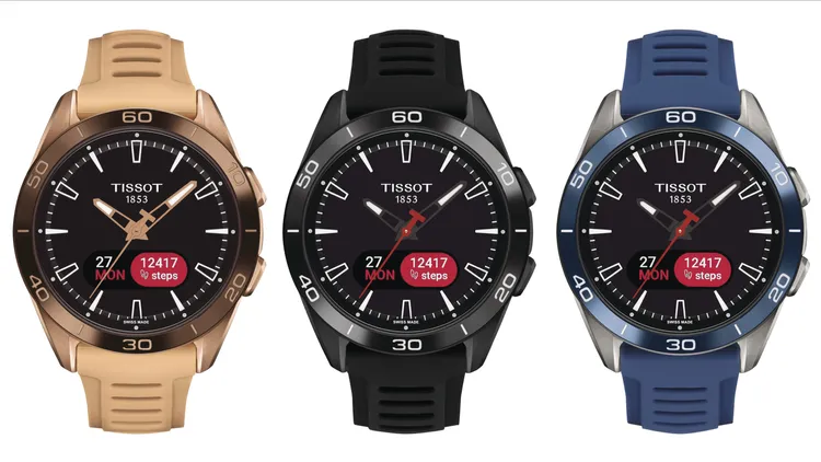 天梭T-Touch Connect Sport運動版觸控腕錶，43mm，鈦金屬/黑色PVＤ/玫瑰金PVD錶殼，鈦金屬鍊帶/矽膠錶帶，防水深度50米，3萬2400元至3萬6100元。品牌提供