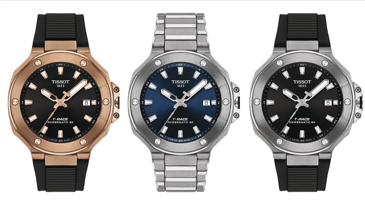 天梭競速系列三針自動腕錶，41mm，精鋼或玫瑰金PVD錶殼，黑色/藍色太陽光芒紋面盤，精鋼錶鍊/黑色矽膠錶帶，Powermatic 80自動鏤空機芯，動力儲存80小時，防水深度100米，（左起）2萬4700元、2萬3600元、2萬2500元。品牌提供
