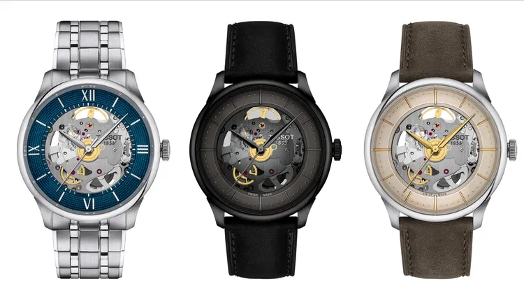 天梭杜魯爾系列鏤空自動腕錶，39mm，精鋼或黑色PVD錶殼，巴黎飾釘圖案搭配藍色鏤空面盤或黑色面盤及象牙色太陽光芒紋鏤空面盤，精鋼錶鍊/皮革錶帶，Powermatic 80自動上鍊機芯，動力儲存80小時，防水深度50米，（左起）3萬900元、2萬9800元、2萬8700元。品牌提供
