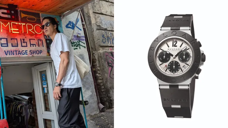 山下智久在喬治亞拍戲，時時帶著寶格麗Aluminium系列計時腕錶，40mm，鋁合金錶殼，暖灰色錶盤，橡膠錶帶，自動上鍊B130 CALIBER機械機芯，動力儲存42小時，防水深度100米。品牌提供