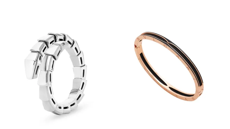 寶格麗Serpenti Viper系列單圈戒指（左圖）、B.zero1系列玫瑰金啞光黑陶瓷手環（右圖）。品牌提供