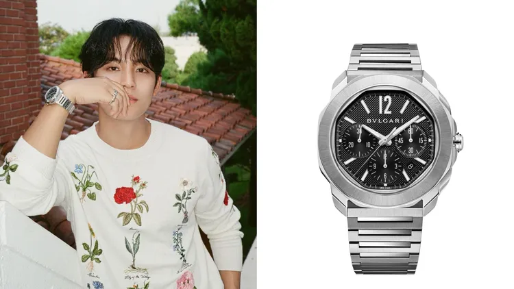 SEVENTEEN成員珉奎演繹寶格麗Octo Roma Chronograph計時腕錶，42mm，精鋼錶殼，黑色錶盤，拋光與緞面拋光精鋼錶鍊，自製BVL399 自動上鍊機械機芯，動力儲存42小時，防水深度100米。品牌提供