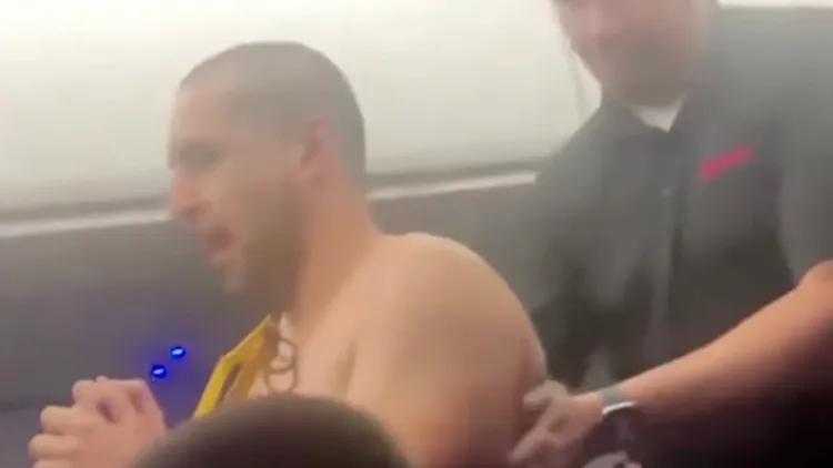 男子在做出一系列不當行為後遭到空服員壓制、束縛手腳。翻攝自《紐約郵報》