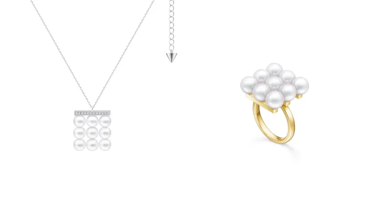 TASAKI balance build系列頸鍊（左）32萬5000元、戒指（右）17萬5000元。品牌提供