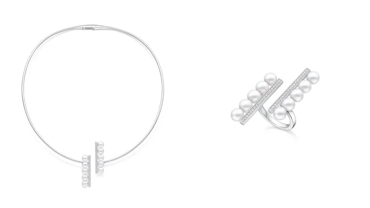 TASAKI balance parallel頸鍊（左）60萬元、戒指（右）31萬3000元。品牌提供