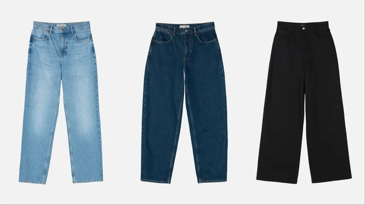 Marimekko Maridenim刷色淺藍牛仔褲（左起）1萬900元、深靛藍錐形褲1萬900元、石墨黑寬管褲1萬1900元。品牌提供