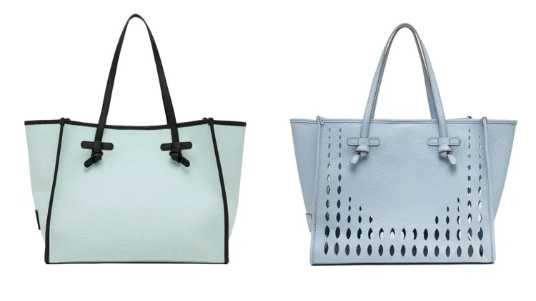 Marcella帆布托特包（左）9200元、Marcella鏤空皮革托特包（右）1萬9900元。品牌提供