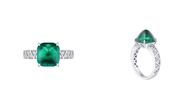 賈靜雯特別喜愛的Gravite祖母綠與鑽石戒指，主石為來自4.58克拉科倫比亞舒格洛夫祖母綠，9050萬元。品牌提供