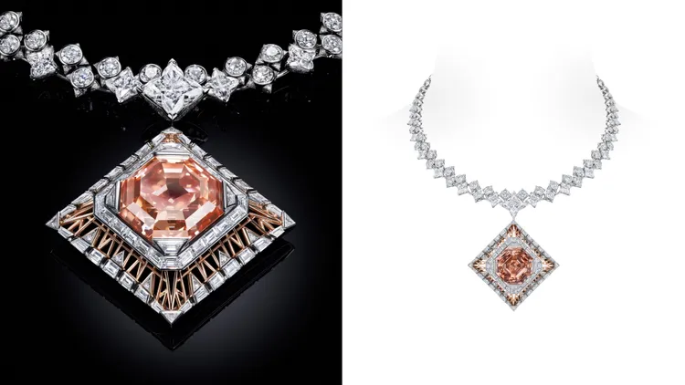 巴黎之心項鍊，主石為56.23克拉方形祖母綠切顆深彩棕色粉紅色的橘色彩鑽，6億3600萬元。品牌提供