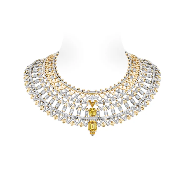 Vision金黃色與黃色藍寶石與鑽石頸鍊，擁有象徵人生軌道的意涵，6585萬元。品牌提供