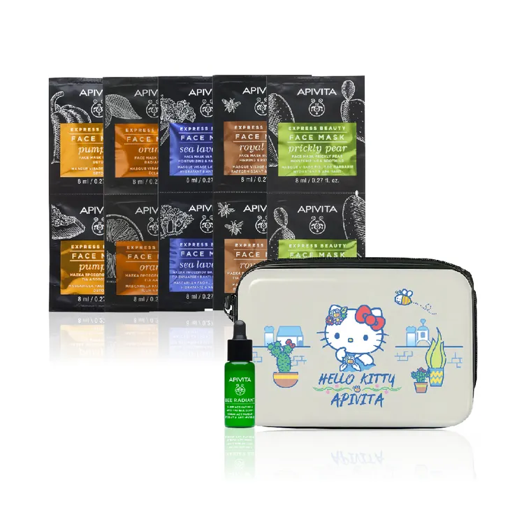APIVITA x Hello Kitty希臘之光美肌寶盒，包含仙人掌面膜8ml*4、蜂王乳緊緻面膜8ml*4+星晨花保濕面膜8ml*4+甜橙亮白面膜8ml*4+南瓜淨化面膜8ml*4+熬夜亮顏精華10ml+聯名硬殼收納包 (米白)，1980元。品牌提供