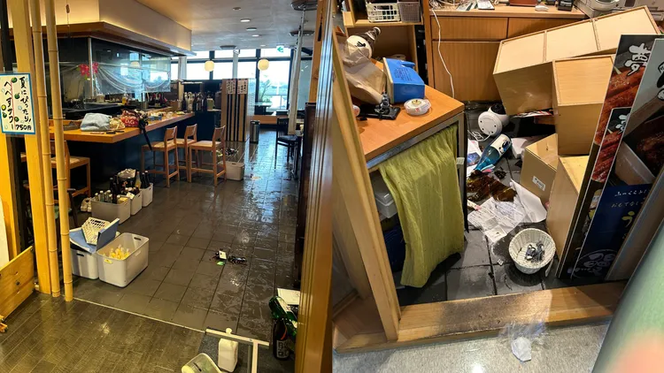 機場內餐廳食物和酒水在搖晃後打翻在地。翻攝自X@Masahiko SHOJI