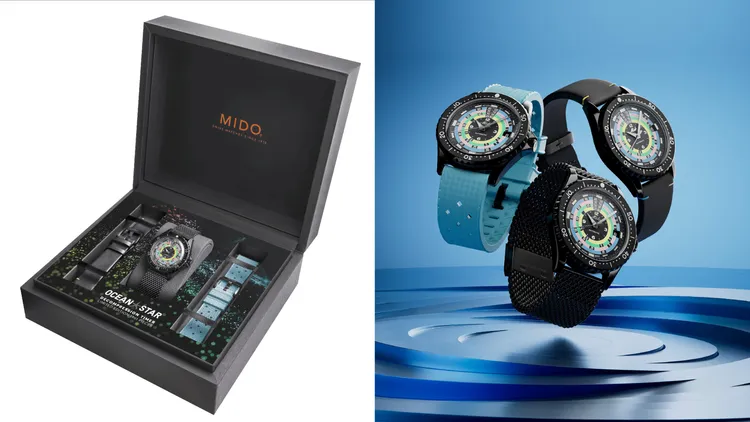 美度海洋之星彩虹圈減壓復刻1961限量錶，附有專屬錶盒以及黑色PVD拋光不鏽鋼米蘭錶帶、土耳其藍橡膠錶帶、黑色平滑皮革錶帶，全球限量1961只。品牌提供
